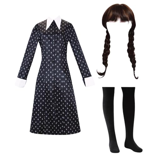 Kostüm Kleid Damen Mädchen Halloween Kinder Gothic Uniform Outfit Karnival Kosplay Schwartz Kleid Kinder Nevermore Academy mit Things und Wig 2XL von Yigoo