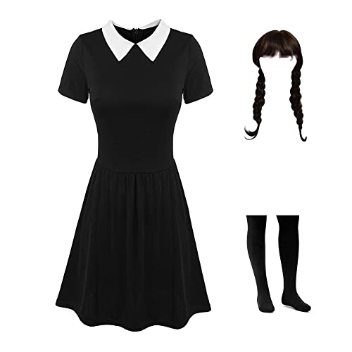 Kostüm Kleid Damen Mädchen Halloween Kinder Gothic Uniform Outfit Karnival Kosplay Schwartz Kleid Kinder Nevermore Academy mit Things und Wig 120 von Yigoo