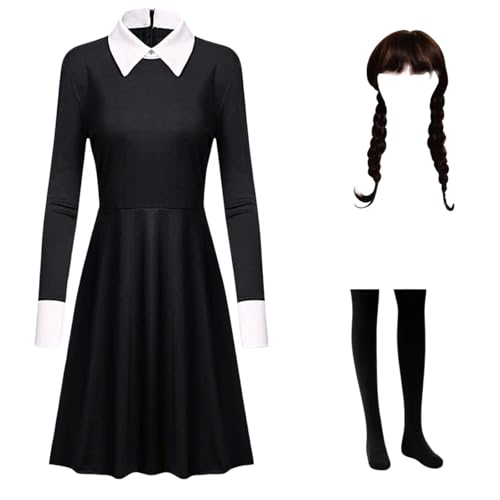 Kostüm Kleid Damen Mädchen Karnival Kosplay Schwartz Kleid Gothic Uniform Kinder Halloween Outfit mit Things und Wig 3XL von Yigoo