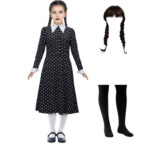 Kostüm Kleid Damen Mädchen Halloween Kinder Gothic Uniform Outfit Karnival Kosplay Schwartz Kleid Kinder Nevermore Academy mit Things und Wig 150 von Yigoo