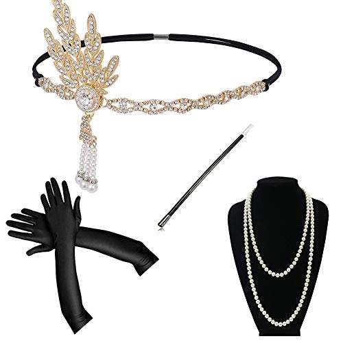 Yigoo 20er Jahre Charlestonkleider Accessoires Damen 1920s Flapper Gatsby Kostüm Zubehör, Zigarettenhalter Stirnband Perlenkette handschuhe Gold von Yigoo