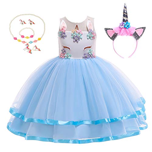 Yigoo Einhorn Tutu kleid Mädchen Prinzessin Kostüm Festival Rock für Cosplay Karneval Halloween Geburtstagskleid mit Einhornhaarband Blau 130 von Yigoo