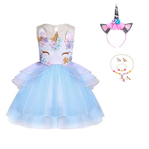 Yigoo Einhorn Tutu kleid Mädchen Prinzessin Kostüm Festival Rock für Cosplay Karneval Halloween Geburtstagskleid mit Einhornhaarband Blau 140 von Yigoo