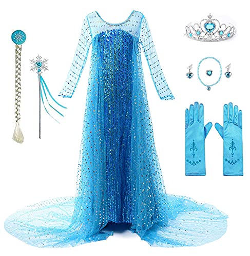 Yigoo ELSA Eiskönigin Prinzessin Kostüm Kleid Mädchen Kinder mit Elsa kostüm Geschenke Accessoires- Perücke,Zauberstab,Krone,Kopfschmuck Blau 100 von Yigoo