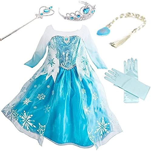 Yigoo ELSA Eiskönigin Prinzessin Kostüm Kleid Mädchen Kinder mit Elsa kostüm Geschenke Accessoires- Perücke,Zauberstab,Krone,Kopfschmuck Blau 100 von Yigoo