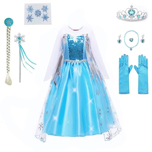 Yigoo ELSA Eiskönigin Prinzessin Kostüm Kleid Mädchen Kinder mit elsa kostüm Geschenke Accessoires- Perücke,Zauberstab,Krone,Kopfschmuck 100 von Yigoo