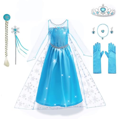 Yigoo ELSA Eiskönigin Prinzessin Kostüm Kleid Mädchen Kinder mit elsa kostüm Geschenke Accessoires- Perücke,Zauberstab,Krone,Kopfschmuck 100 von Yigoo