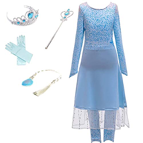 Yigoo Elsa Kostüm Mädchen Eiskönigin Prinzessin Kleid mit Hosen Kinder Glanz Weihnachten Verkleidung Karneval Party Halloween Fest 120 von Yigoo