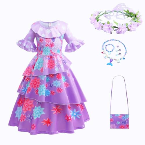 Yigoo Encanto Kostüm Mädchen Isabela Madrigal Prinzessin Kinder Outfit Karneval Party Halloween Fest Weihnachten Verkleidung mit Tasche Girlande Ohrring Halskette 100 von Yigoo