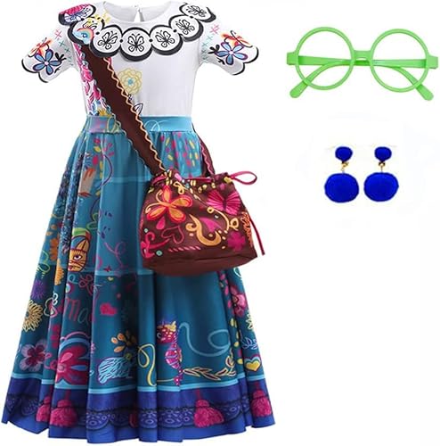 Yigoo Encanto Kostüm Mädchen Mirabel Madrigal Prinzessin Kinder Outfit Karneval Party Halloween Fest Weihnachten Verkleidung mit Tasche Ohrring Brille 110 von Yigoo