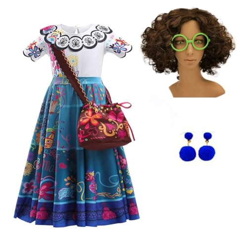 Yigoo Encanto Kostüm Mädchen Mirabel Madrigal Prinzessin Kinder Outfit Karneval Party Halloween Fest Weihnachten Verkleidung mit Tasche Perücke Brille Ohrring 100 von Yigoo