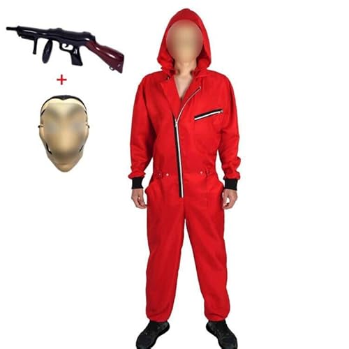 Yigoo Halloween Partner Kostüm Damen Herren Bankräuber Fasching Kostüm Karneval Overall mit Maske und Spielzeugpistole Cosplay für Erwachsene Rot 2XL von Yigoo