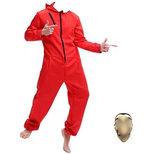 Yigoo Halloween Partner Kostüm Damen Herren Bankräuber Fasching Kostüm Karneval Overall mit Maske Cosplay für Erwachsene Rot 2XL von Yigoo