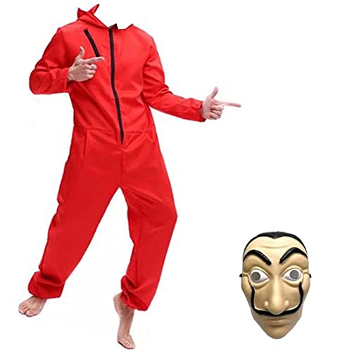 Yigoo Karneval Halloween Bankräuber Fasching Kostüm Overall mit Maske Cosplay für Herren, Damen Erwachsene Rot M von Yigoo