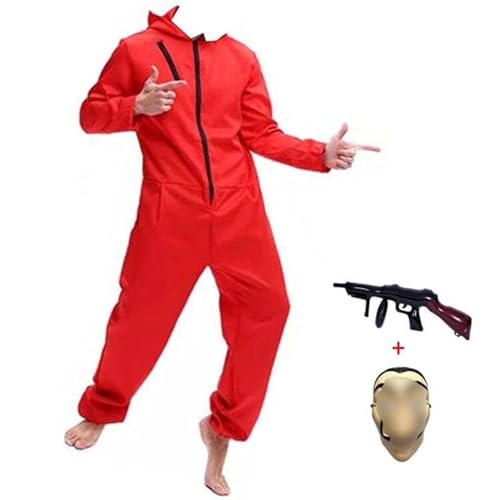 Yigoo Halloween Partner Kostüm Damen Herren Bankräuber Fasching Kostüm Karneval Overall mit Maske und Spielzeugpistole Cosplay für Erwachsene Rot 2XL von Yigoo