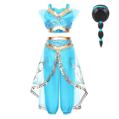 Yigoo Prinzessin Kostüm Mädchen Jasmin Kostüm Kinder Frauen Aladdin Kleid Weihnachten Verkleidung Karneval Party Halloween Fest mit Perücke 130 von Yigoo