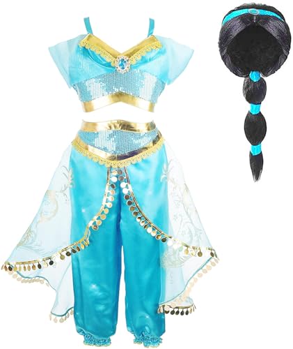 Yigoo Prinzessin Kostüm Mädchen Jasmin Kostüm Kinder Frauen Aladdin Kleid Weihnachten Verkleidung Karneval Party Halloween Fest mit Perücke 140 von Yigoo