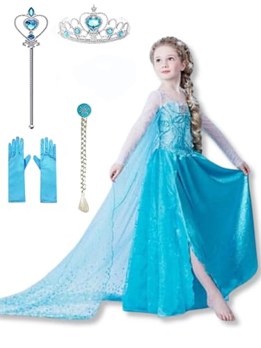 ELSA Eiskönigin Prinzessin Kostüm Kleid Mädchen Kinder mit elsa kostüm Geschenke Accessoires- Perücke,Zauberstab,Krone,Kopfschmuck 100 von Yigoo