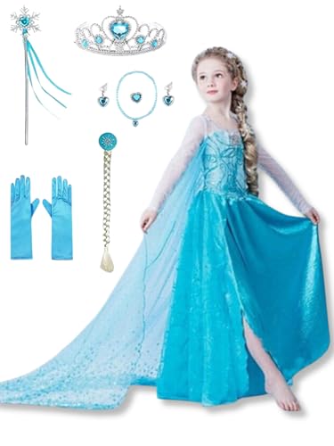 Yigoo ELSA Eiskönigin Prinzessin Kostüm Kleid Mädchen Kinder mit elsa kostüm Geschenke Accessoires- Perücke,Zauberstab,Krone,Kopfschmuck 110 von Yigoo