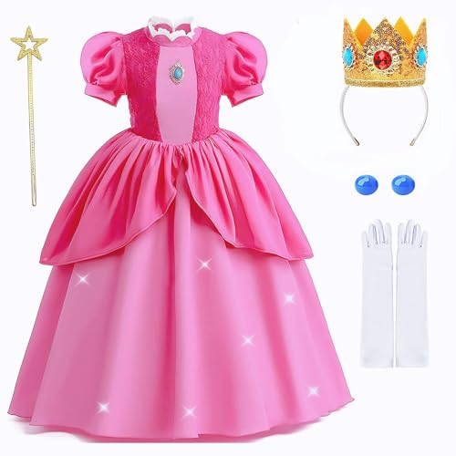 Yigoo Prinzessin Peach Kostüm Showtime Mädchen Kinder Kleider Glanz Karneval Party Halloween Weihnachten Verkleidung Set mit Krone Handschuhe Zauberstab Ohrring 100 von Yigoo