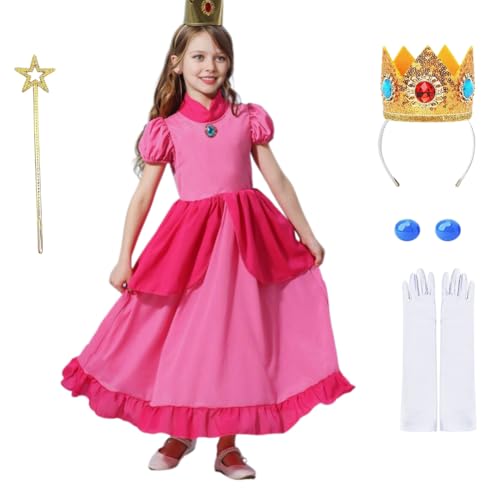 Yigoo Prinzessin Peach Kostüm Showtime Mädchen Kinder Kleider Glanz Karneval Party Halloween Weihnachten Verkleidung Set mit Krone Handschuhe Zauberstab Ohrring 110 von Yigoo