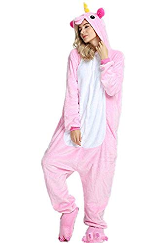 Yigoo Pyjama Jumpsuit Oneise Overall Damen Einhorn Tier Herren Lang Karneval Kostüm Cosplay Fleece mit 3D Kapuze Rosa S von Yigoo