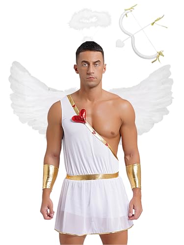 Yihuimin Amor Herren Kostüm Set Romantische Amor Kostüm mit Engel Flügel Heiligenschein Amor Pfeil und Bogen One Shoulder Body für Karneval Valentinstag Weiß 3XL von Yihuimin