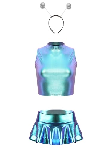 Yihuimin Damen Alien Kostüm Metallic Space Travel Kleidung Glitzer Armellos top mit Mini Tütü Rock und Haarreif Mottopartys Fasching Clubwear Blau L von Yihuimin