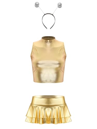 Yihuimin Damen Alien Kostüm Metallic Space Travel Kleidung Glitzer Armellos top mit Mini Tütü Rock und Haarreif Mottopartys Fasching Clubwear Gold XL von Yihuimin