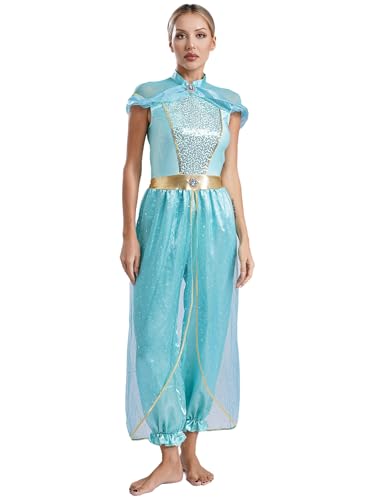 Yihuimin Damen Bauchtanz Kostüm Aladin Prinzessin Overall Jumpsuit mit Pailletten und Edelsteinen Verziert Arabische Fasching Karneval Dancewear Hellblau 3XL von Yihuimin