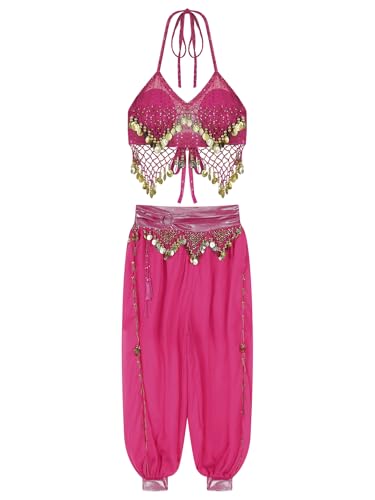 Yihuimin Damen Bauchtanz Kostüm Sets Bauchtänzerin Verkleidung Set Glitzer Bauchtanz Oberteile Bauchtanz Haremshose Hot Pink Einheitsgröße von Yihuimin