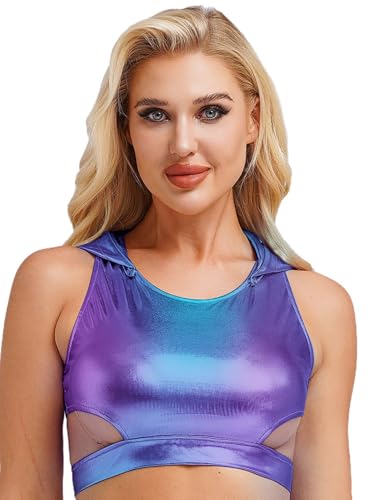 Yihuimin Damen Glitzer Metallic Tanktop Kurze Kapuzen Crop Tops Tanztop Nachtclub Gogo Sport BH Fasching Karneval Kostüme Clubwear Blau 3XL von Yihuimin