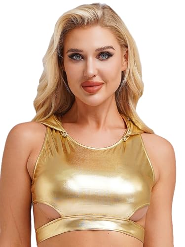 Yihuimin Damen Glitzer Metallic Tanktop Kurze Kapuzen Crop Tops Tanztop Nachtclub Gogo Sport BH Fasching Karneval Kostüme Clubwear Gold S von Yihuimin