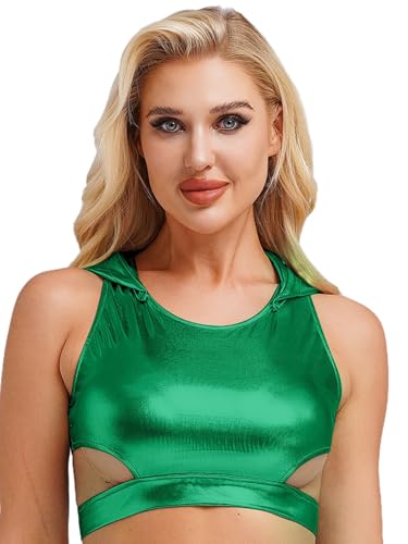 Yihuimin Damen Glitzer Metallic Tanktop Kurze Kapuzen Crop Tops Tanztop Nachtclub Gogo Sport BH Fasching Karneval Kostüme Clubwear Grün XL von Yihuimin