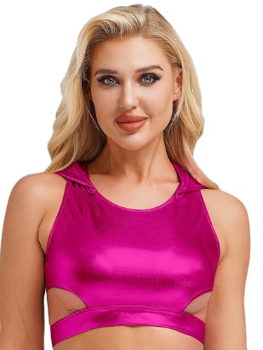 Yihuimin Damen Glitzer Metallic Tanktop Kurze Kapuzen Crop Tops Tanztop Nachtclub Gogo Sport BH Fasching Karneval Kostüme Clubwear Hot Pink XXL von Yihuimin