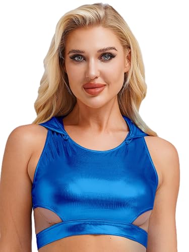 Yihuimin Damen Glitzer Metallic Tanktop Kurze Kapuzen Crop Tops Tanztop Nachtclub Gogo Sport BH Fasching Karneval Kostüme Clubwear Königsblau 3XL von Yihuimin