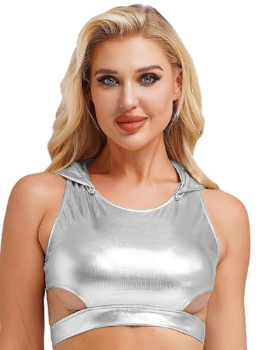 Yihuimin Damen Glitzer Metallic Tanktop Kurze Kapuzen Crop Tops Tanztop Nachtclub Gogo Sport BH Fasching Karneval Kostüme Clubwear Silber S von Yihuimin