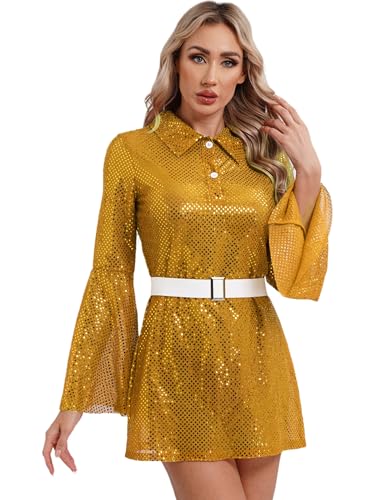 Yihuimin Damen Hippie Kostüm 60er 70er Glitzer Disco Kleid mit Pailletten Kleidung Silber A-Linie Kleid Minikleid Langarm Karneval Fasnacht Kostüm Clubwear Partykleid Gold 4XL von Yihuimin