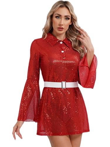 Yihuimin Damen Hippie Kostüm 60er 70er Glitzer Disco Kleid mit Pailletten Kleidung Silber A-Linie Kleid Minikleid Langarm Karneval Fasnacht Kostüm Clubwear Partykleid Rot 4XL von Yihuimin