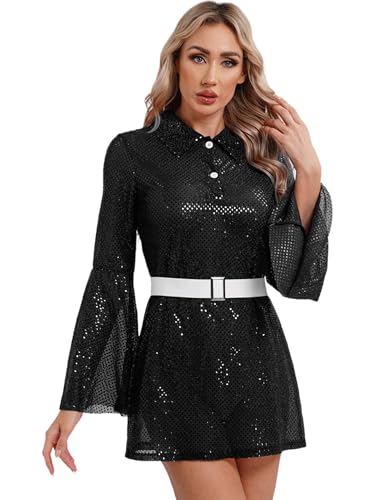 Yihuimin Damen Hippie Kostüm 60er 70er Glitzer Disco Kleid mit Pailletten Kleidung Silber A-Linie Kleid Minikleid Langarm Karneval Fasnacht Kostüm Clubwear Partykleid Schwarz 3XL von Yihuimin