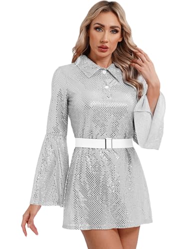 Yihuimin Damen Hippie Kostüm 60er 70er Glitzer Disco Kleid mit Pailletten Kleidung Silber A-Linie Kleid Minikleid Langarm Karneval Fasnacht Kostüm Clubwear Partykleid Silber 3XL von Yihuimin