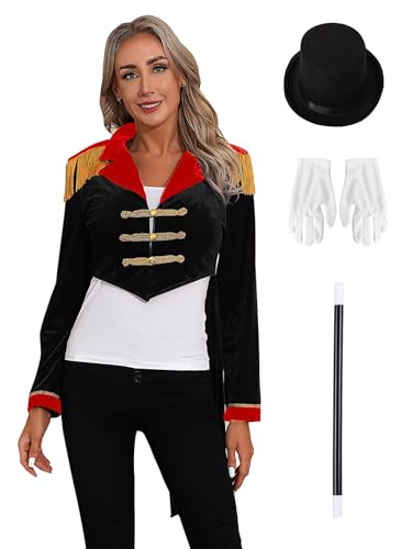 Yihuimin Damen Kostüm Zirkus Jacke Samt Frack Hut Handschuhe und Zauberstab 4er Set Karneval Fasching Kostüm Cosply Set Schwarz 3XL von Yihuimin