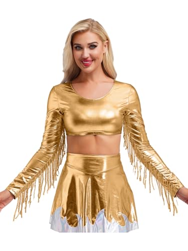 Yihuimin Damen Metallic Glitzer Kostüm Lack Leder Rock mit Fransen Croptop Disco Tanzkostüm Clubwear Fasching Kostüm Nachtclub Outfit Gold 3XL von Yihuimin