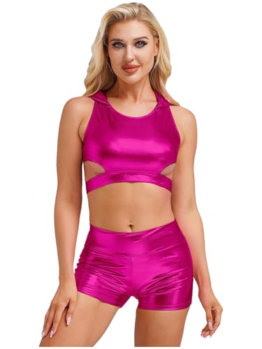 Yihuimin Damen Metallic Outfit Glitzer Tanktop mit Kapuzenmütze und Kurze Hothose Tanzkostüm Nachtclub Gogo Fasching Karneval Kostüm Clubwear Hot Pink M von Yihuimin