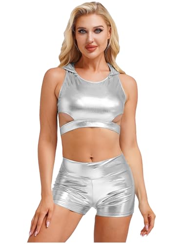 Yihuimin Damen Metallic Outfit Glitzer Tanktop mit Kapuzenmütze und Kurze Hothose Tanzkostüm Nachtclub Gogo Fasching Karneval Kostüm Clubwear Silber L von Yihuimin