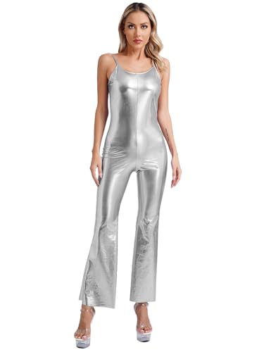 Yihuimin Damen Metallisch Jumpsuit Rompers Glänzend Hosenanzug Einteiler Ganzanzug Ärmellose Body Ganzkörperanzug Silber L von Yihuimin