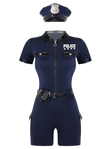 Yihuimin Damen Polizistin Kostüm Polizei Uniform Kurzarm Body Jumpsuit Cop Costume Karneval Faschingskostüm Bekleidung Set Navy blau 3XL von Yihuimin