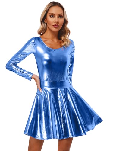 Yihuimin Damen Wetlook Kostüm Set Metallic Bodysuit mit Tütü Rock Junpsuit Overall Langarm Disco Clubwear Karneval Fasching Blau XL von Yihuimin