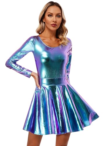 Yihuimin Damen Wetlook Kostüm Set Metallic Bodysuit mit Tütü Rock Junpsuit Overall Langarm Disco Clubwear Karneval Fasching Bunt XL von Yihuimin