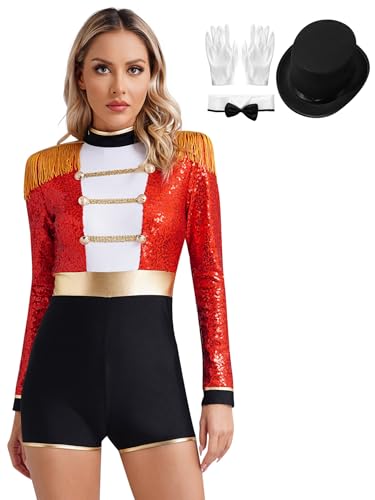 Yihuimin Damen Zirkus Kostüm Ringmaster Kostüm Retro Jumpsuit Langarm Ganzkörperanzug Halloween Kanreval Faschingskostüm X Rot A L von Yihuimin